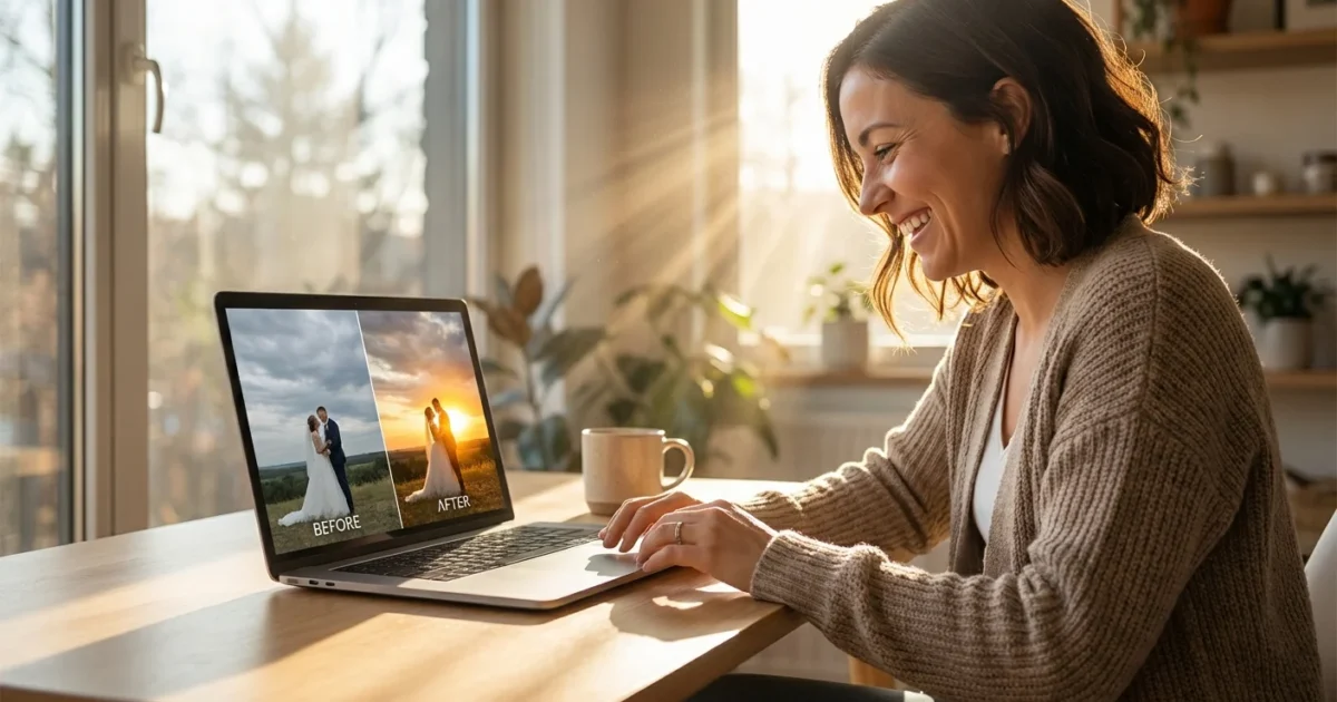 A woman editing a wedding photo on her laptop, showcasing a dramatic sky replacement transformation in a sunlit room.
