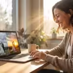 A woman editing a wedding photo on her laptop, showcasing a dramatic sky replacement transformation in a sunlit room.