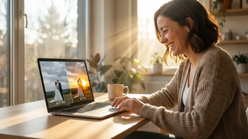 A woman editing a wedding photo on her laptop, showcasing a dramatic sky replacement transformation in a sunlit room.