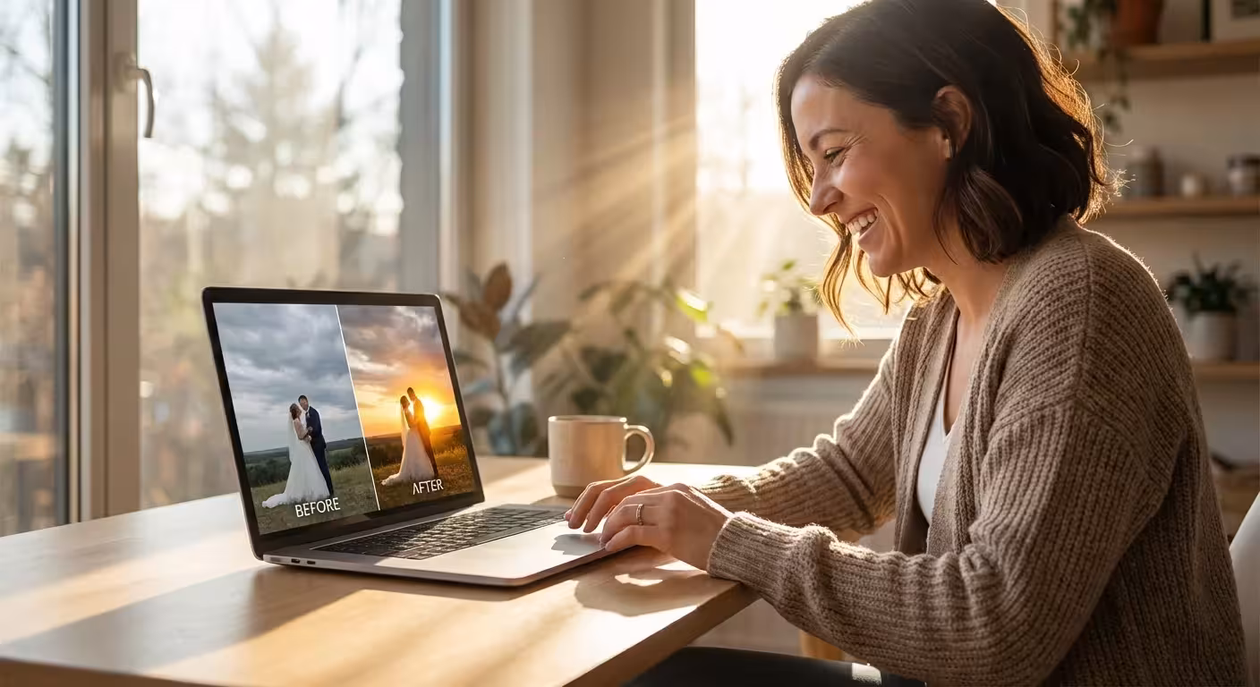 A woman editing a wedding photo on her laptop, showcasing a dramatic sky replacement transformation in a sunlit room.