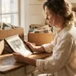 A woman carefully reviewing a collection of inherited vintage family photographs in a bright, sunlit room.