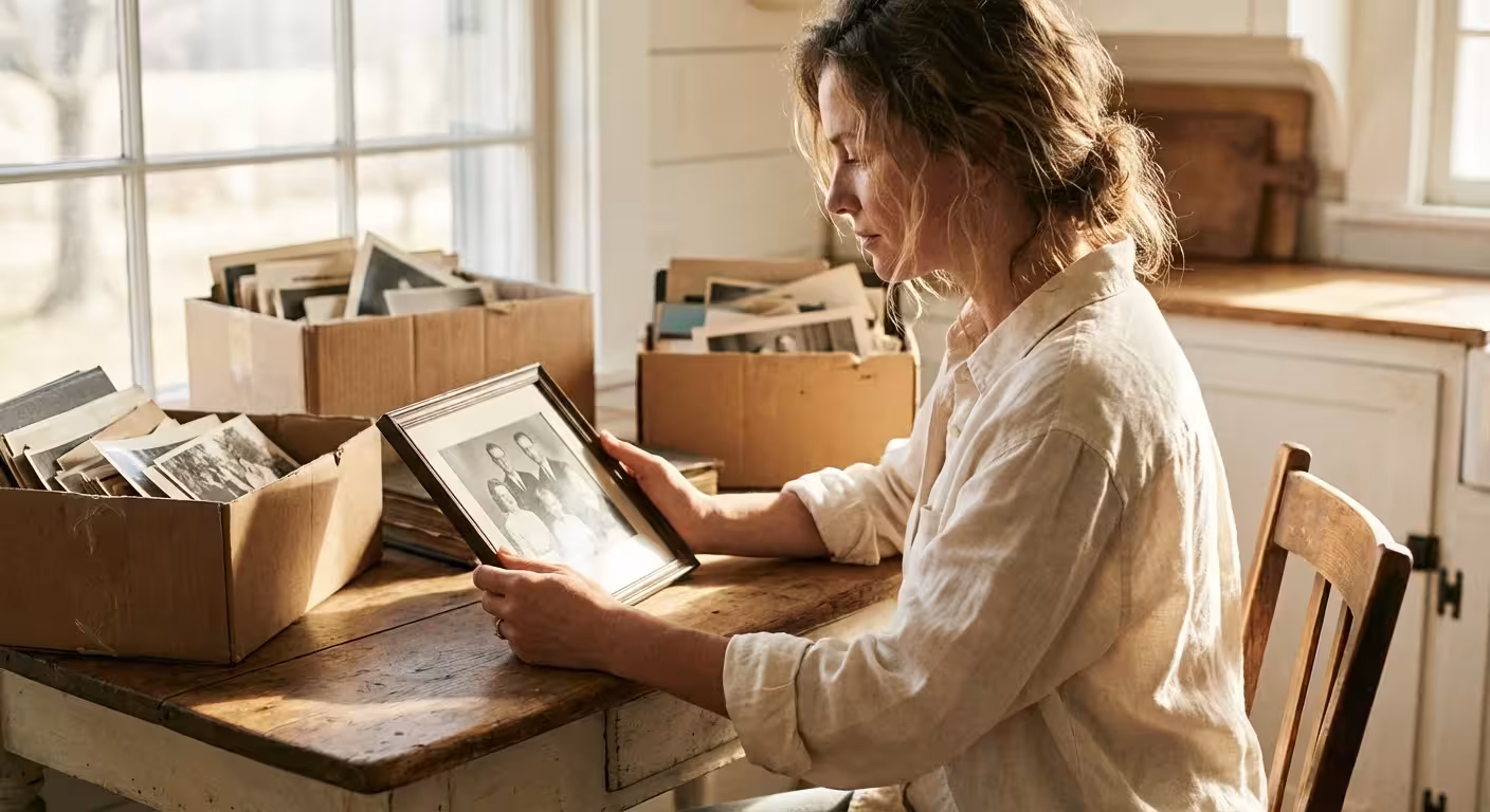 A woman carefully reviewing a collection of inherited vintage family photographs in a bright, sunlit room.