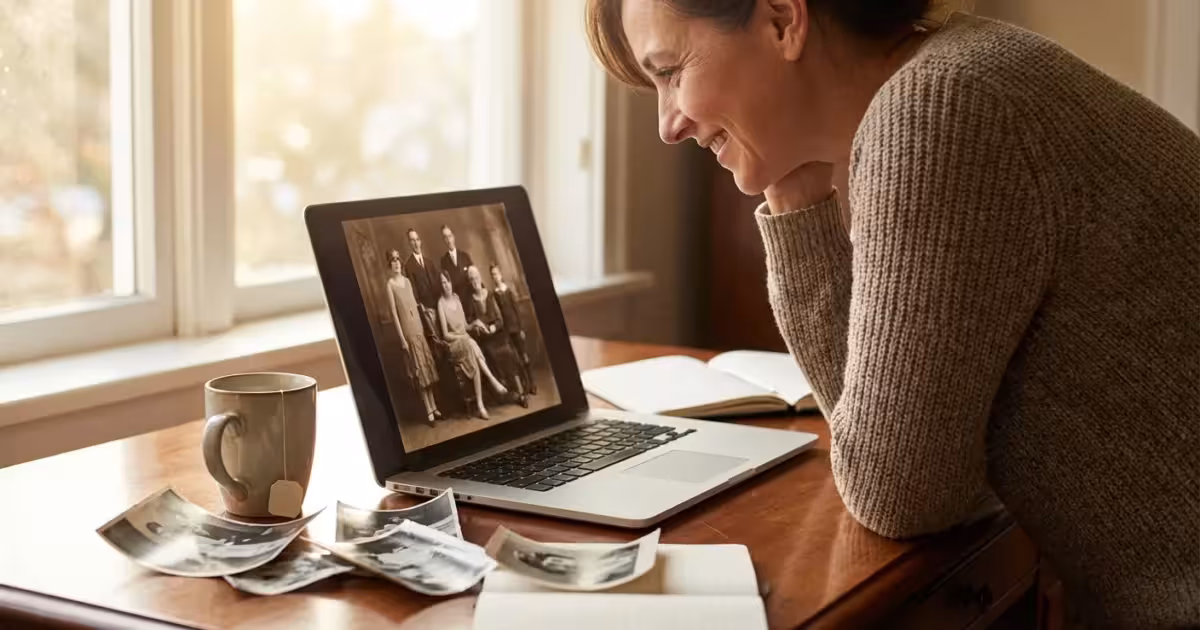 A woman organizing a digital life story slideshow on her laptop surrounded by old physical photographs in a sunlit room.