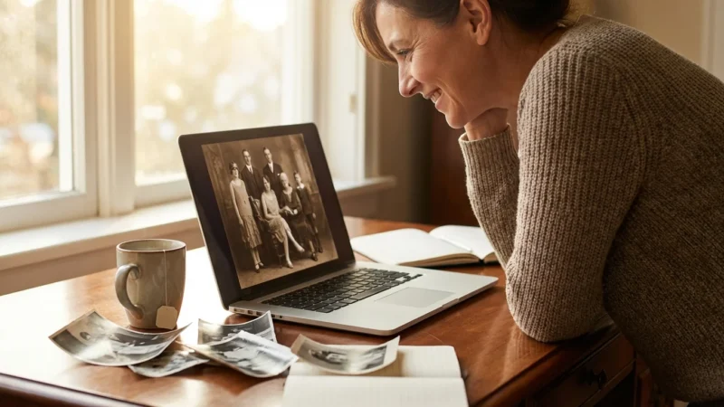 A woman organizing a digital life story slideshow on her laptop surrounded by old physical photographs in a sunlit room.