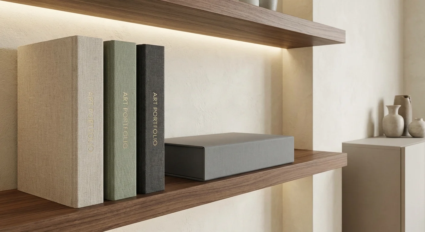 Linen-bound art books and an archival box sitting neatly on a modern bookshelf.