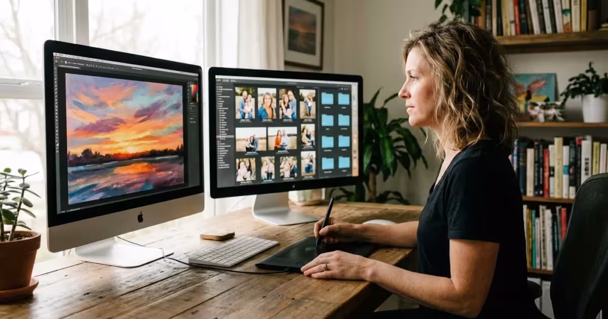 A photographer working at a dual-monitor setup comparing artistic edits and organized photo libraries in a bright studio.