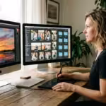 A photographer working at a dual-monitor setup comparing artistic edits and organized photo libraries in a bright studio.