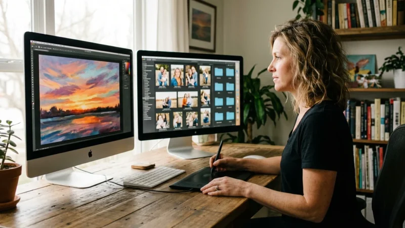A photographer working at a dual-monitor setup comparing artistic edits and organized photo libraries in a bright studio.