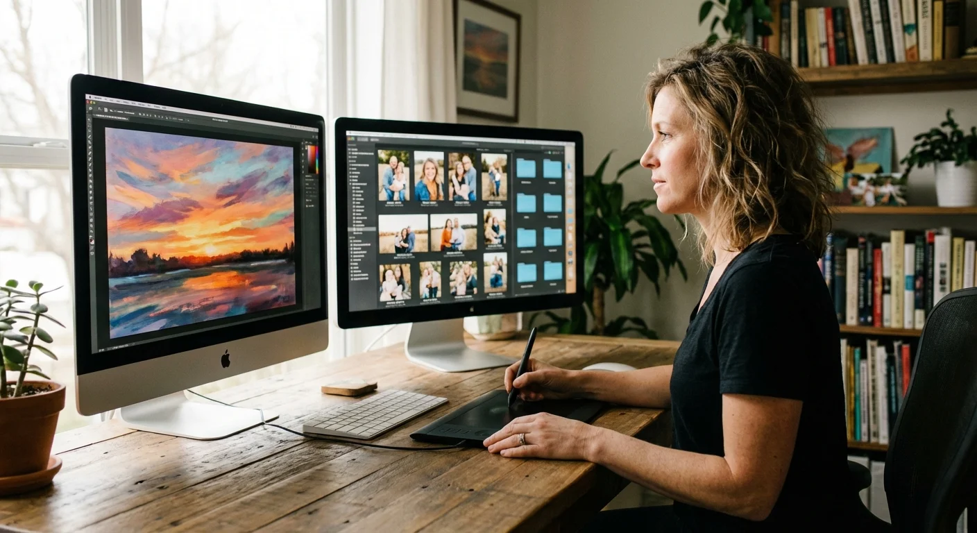 A photographer working at a dual-monitor setup comparing artistic edits and organized photo libraries in a bright studio.
