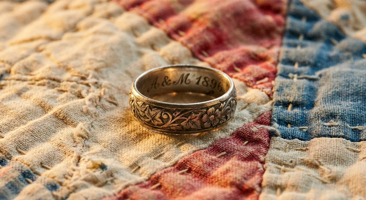 Macro detail of an engraved silver ring on a textured antique quilt.