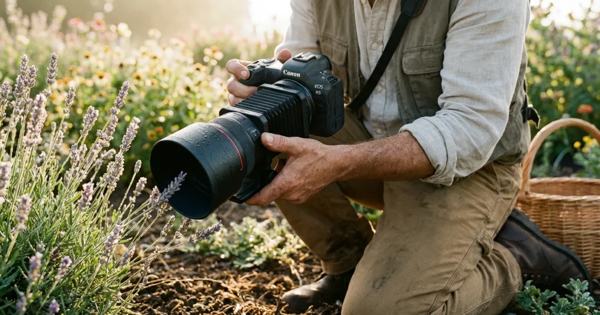 A photographer capturing a close-up of a lavender sprig in a sunlit garden.