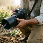 A photographer capturing a close-up of a lavender sprig in a sunlit garden.