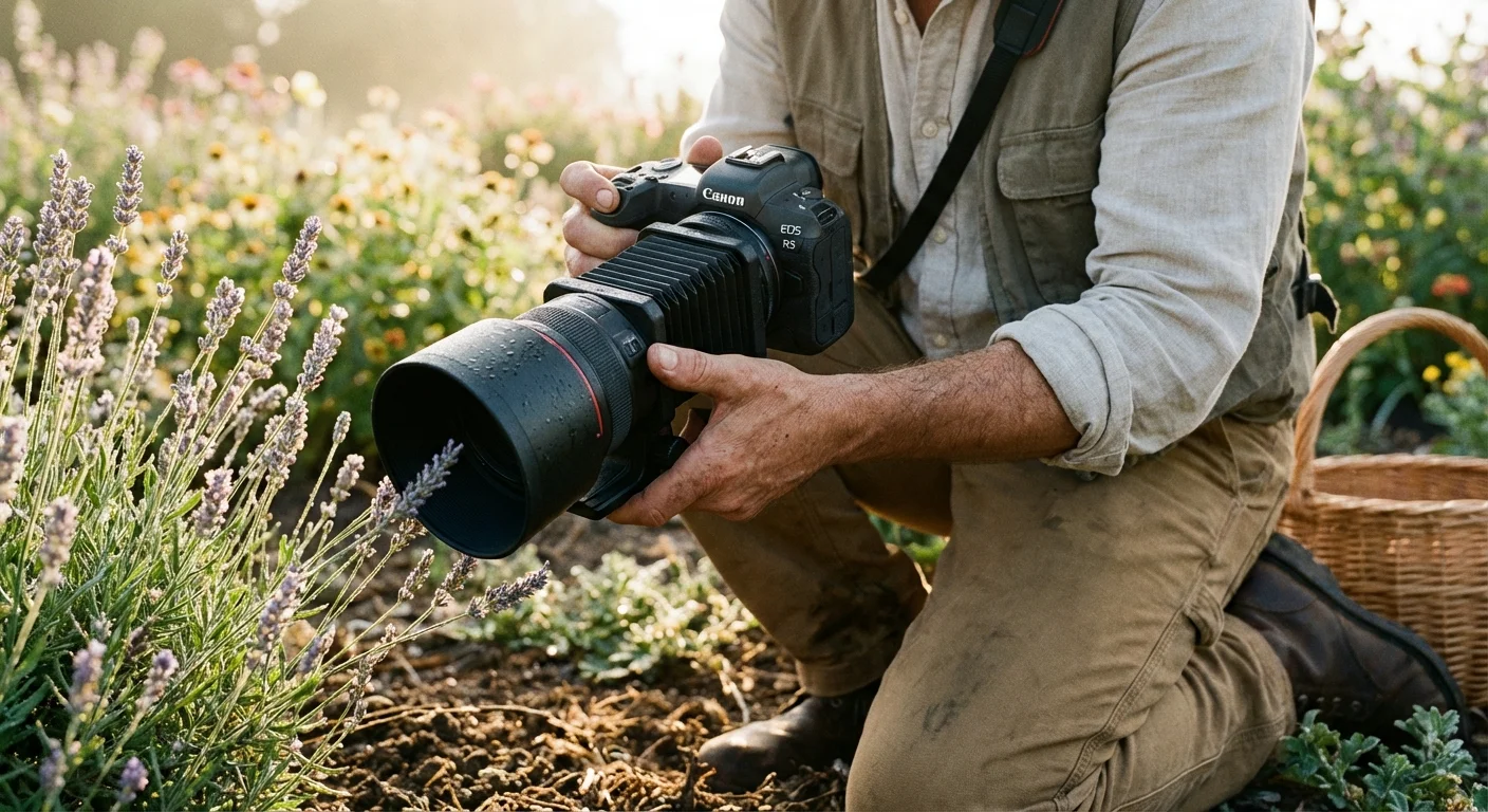 A photographer capturing a close-up of a lavender sprig in a sunlit garden.