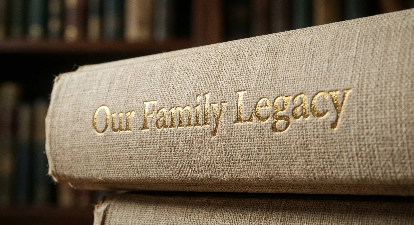 Macro shot of a linen-bound book cover with gold foil lettering.