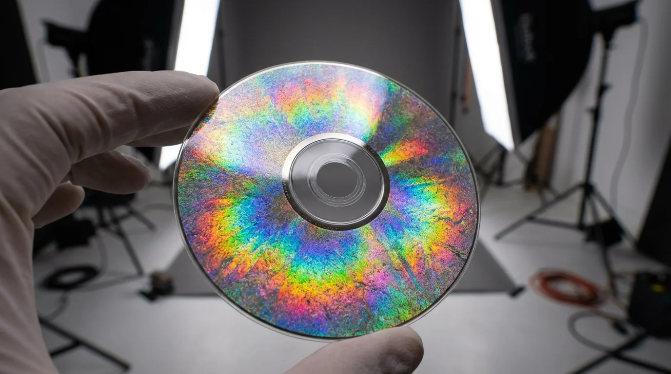 Macro shot of a shimmering M-DISC being held by its edges in a studio.