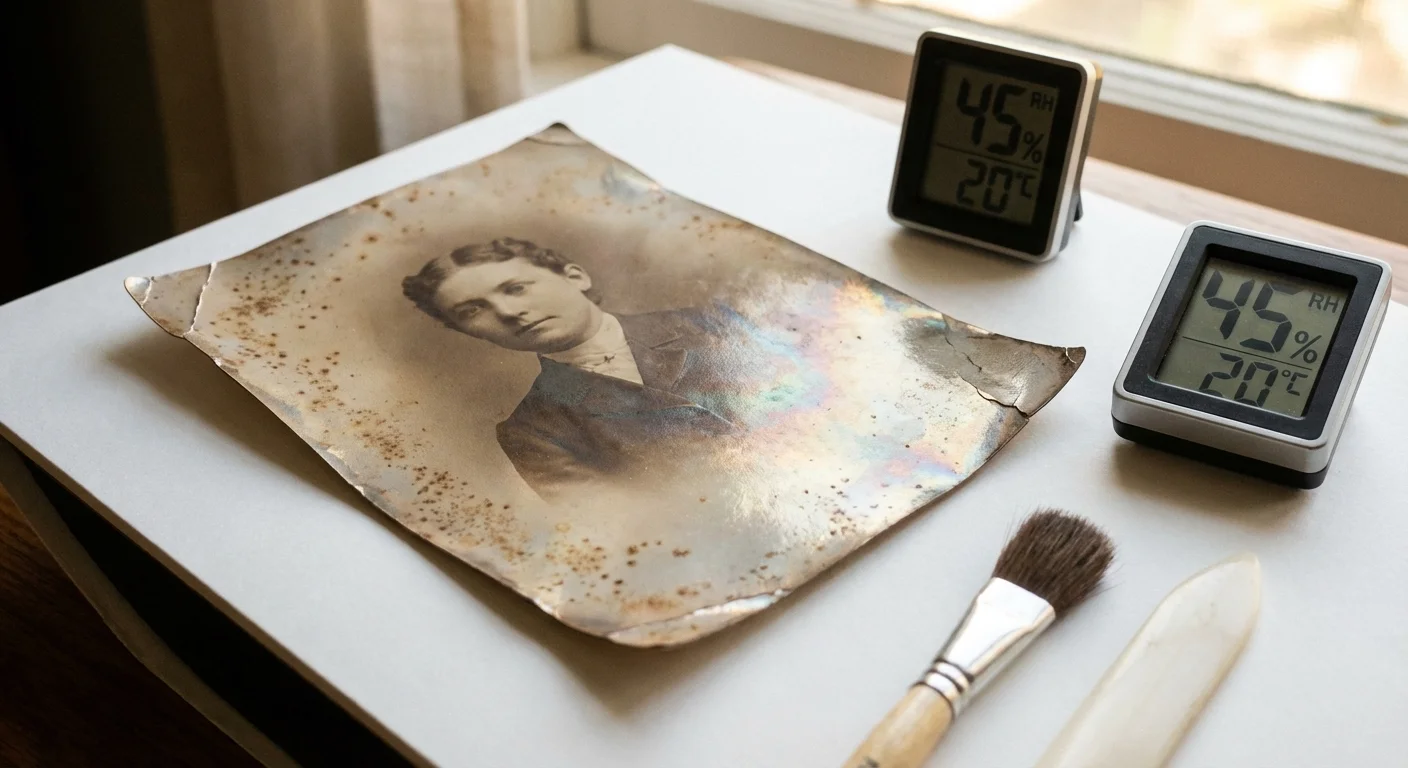 Macro shot of a vintage photograph showing silvering and edge wear, illustrating the effects of environmental degradation.