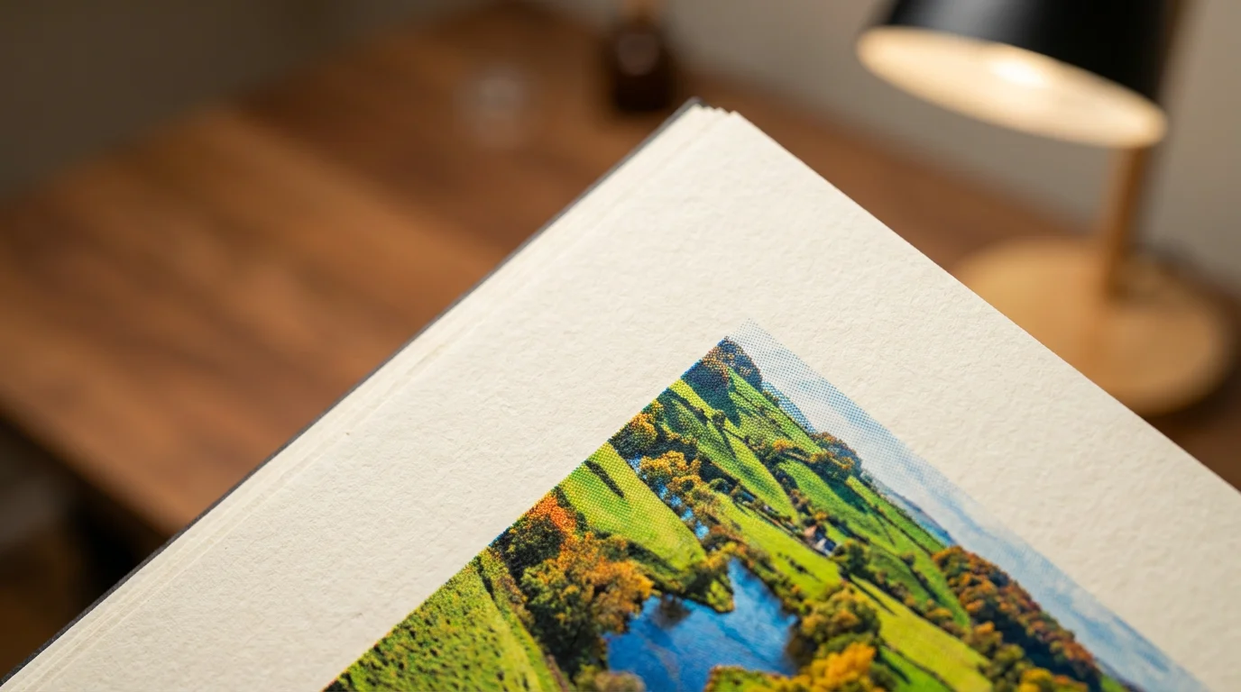 Macro shot of high-quality printed paper texture and sharp image detail.