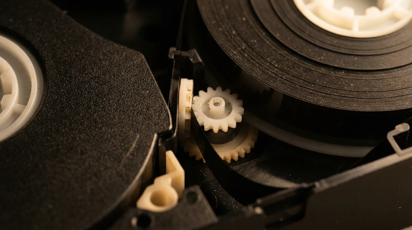 Macro shot of the magnetic tape inside a VHS cassette, highlighting its delicate physical nature.