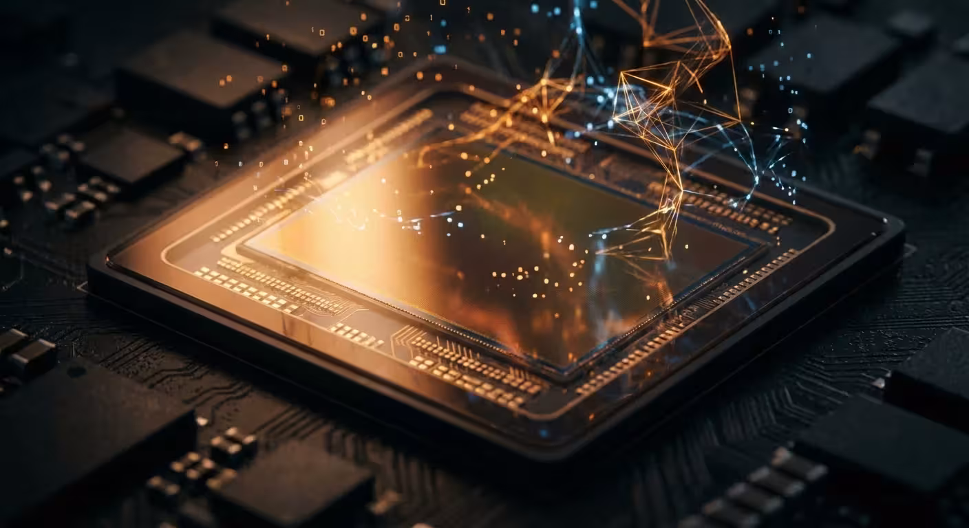 Macro view of a digital camera sensor with light patterns representing pixels and data.