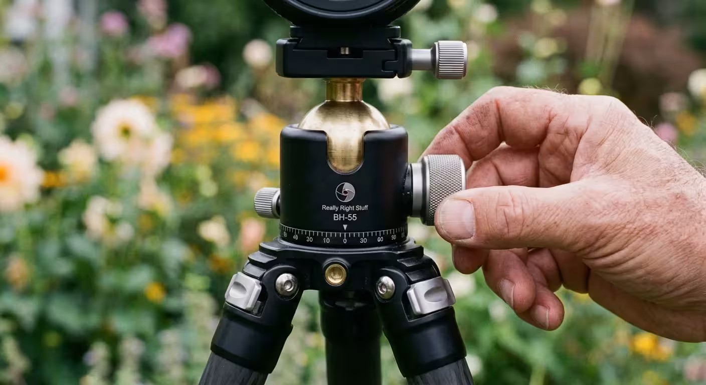 Macro view of a tripod ball head being adjusted by a hand.