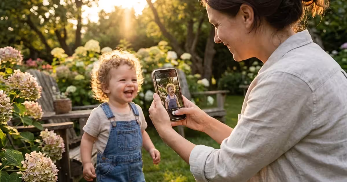A mother taking a professional-looking iPhone portrait of her toddler in a sunny garden.