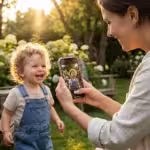 A mother taking a professional-looking iPhone portrait of her toddler in a sunny garden.