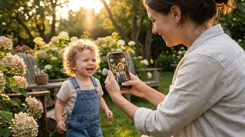 A mother taking a professional-looking iPhone portrait of her toddler in a sunny garden.