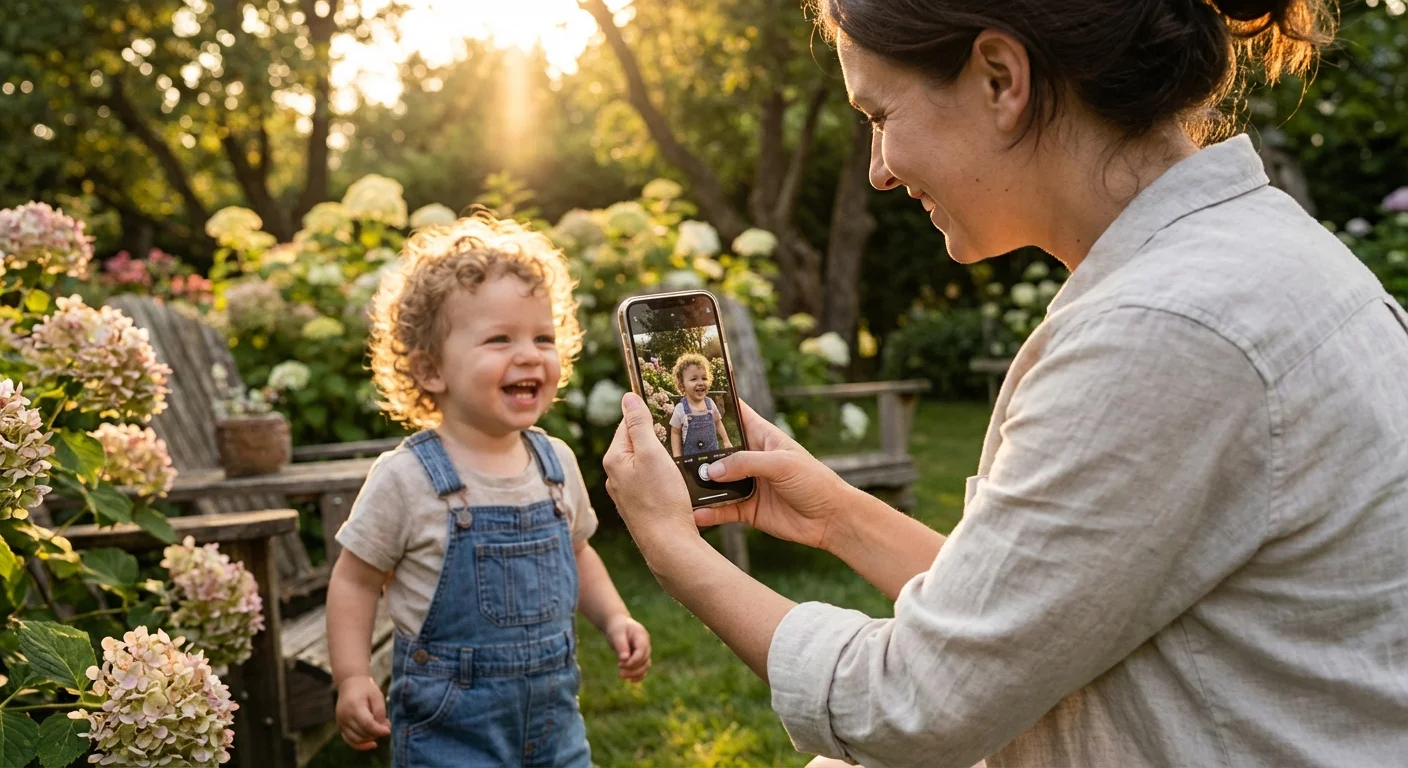 A mother taking a professional-looking iPhone portrait of her toddler in a sunny garden.