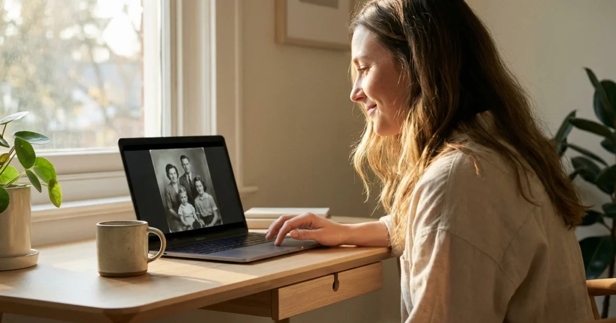 A woman looks at a digital family photo on her laptop in a bright, sunlit home office.