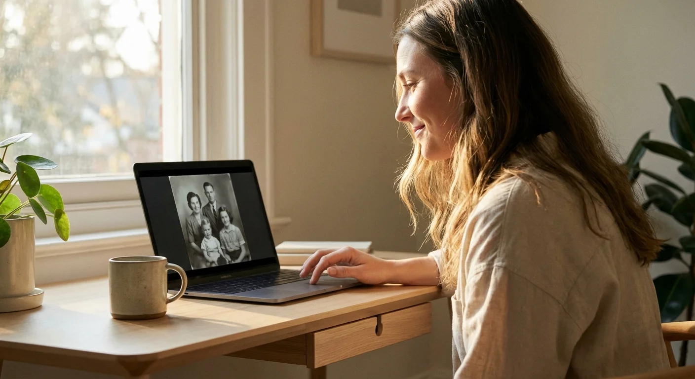 A woman looks at a digital family photo on her laptop in a bright, sunlit home office.