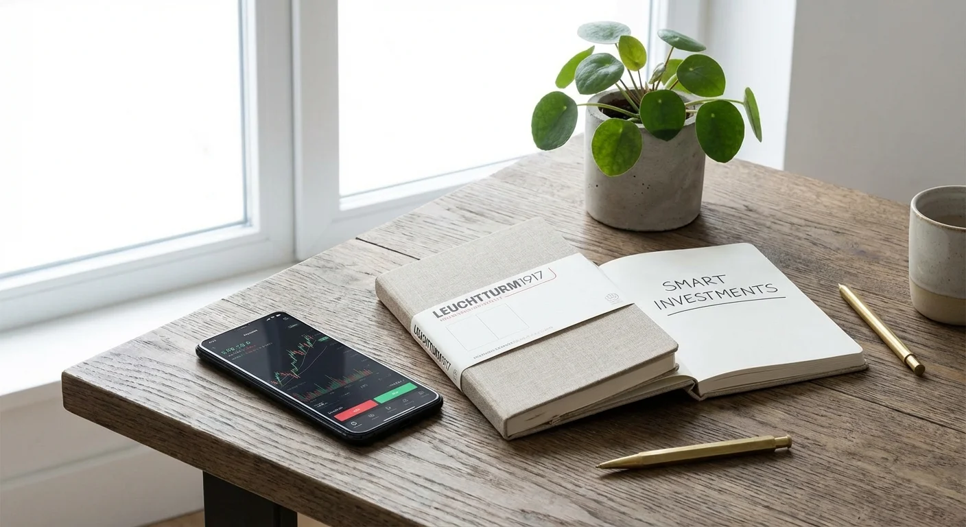 Minimalist and clean desk setup with a smartphone and notebook, representing value and choice.
