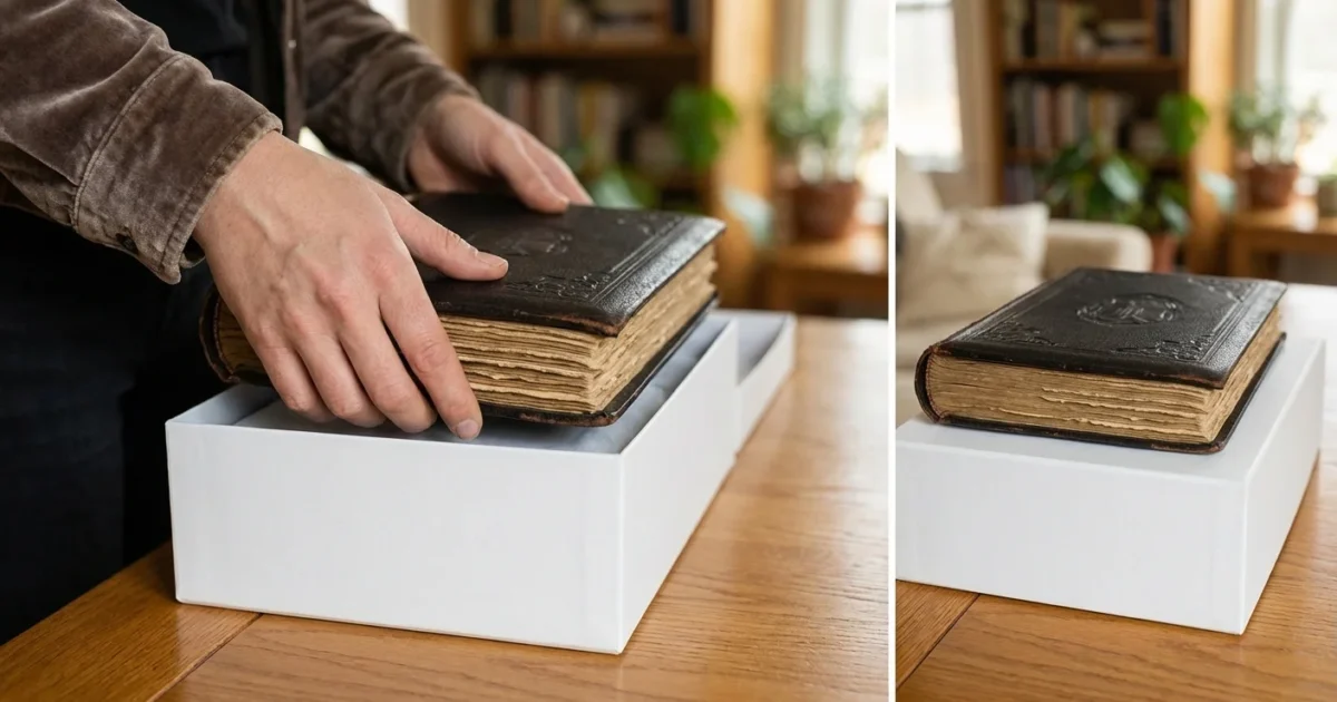 Close-up of hands placing a vintage photo album into a white archival storage box on a wooden table.
