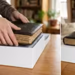 Close-up of hands placing a vintage photo album into a white archival storage box on a wooden table.