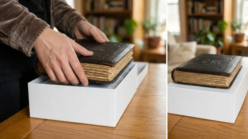 Close-up of hands placing a vintage photo album into a white archival storage box on a wooden table.
