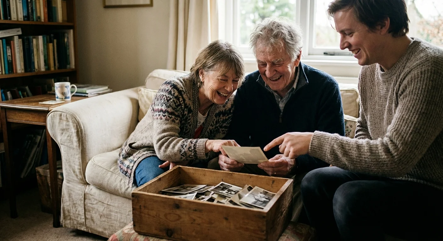 Multi-generational family members sharing a box of old photos in a cozy living room.