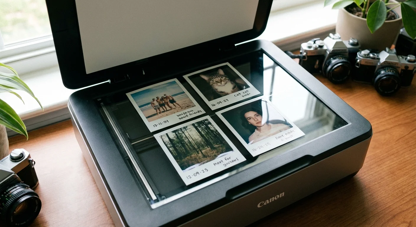 Multiple Polaroid photos arranged on a flatbed scanner glass to be scanned simultaneously.