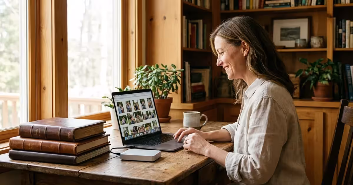 A woman organizing digital and physical family photo archives in a sunlit home office.
