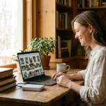 A woman organizing digital and physical family photo archives in a sunlit home office.