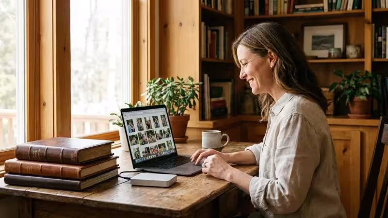 A woman organizing digital and physical family photo archives in a sunlit home office.