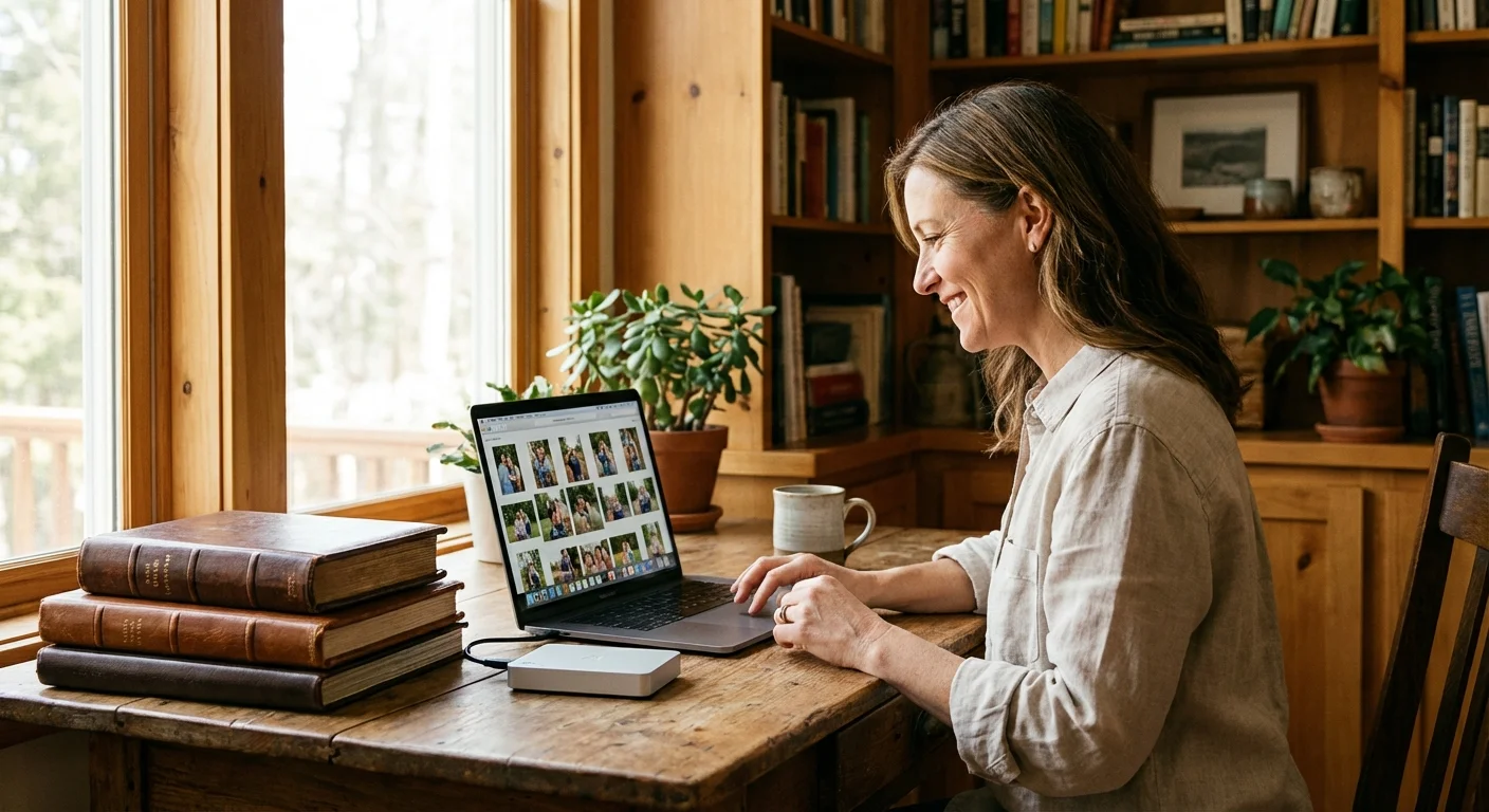 A woman organizing digital and physical family photo archives in a sunlit home office.