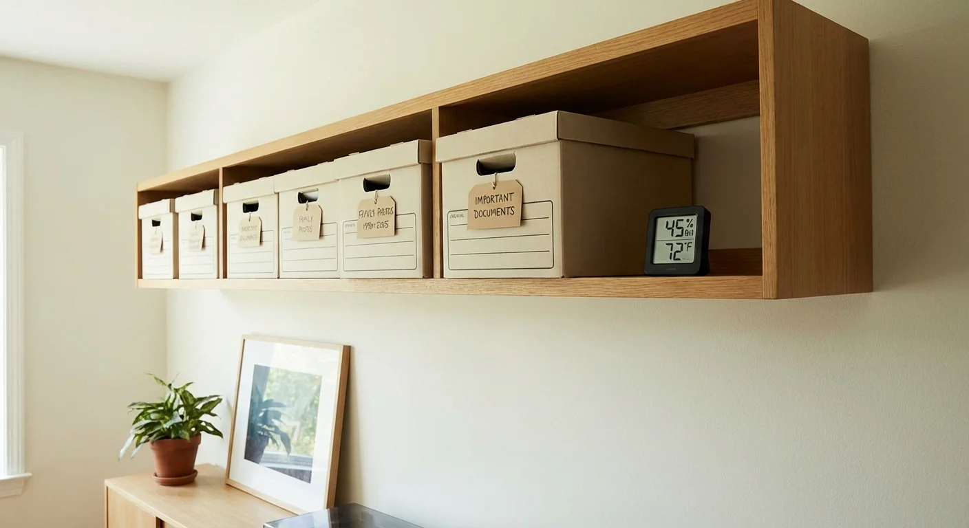 Neatly labeled archival boxes on a high shelf with a digital hygrometer showing the room's humidity level.