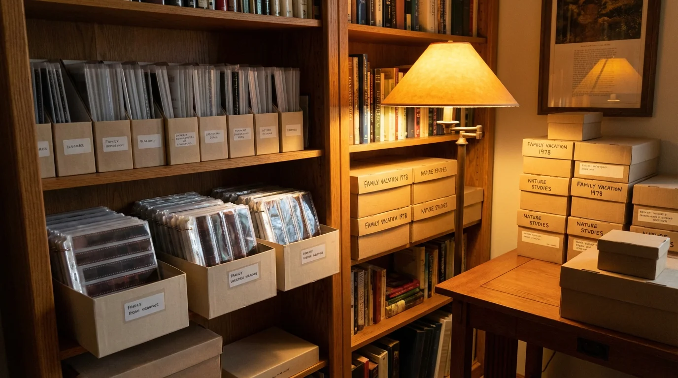 Neatly organized archival boxes and sleeves for long-term storage of film and slides.