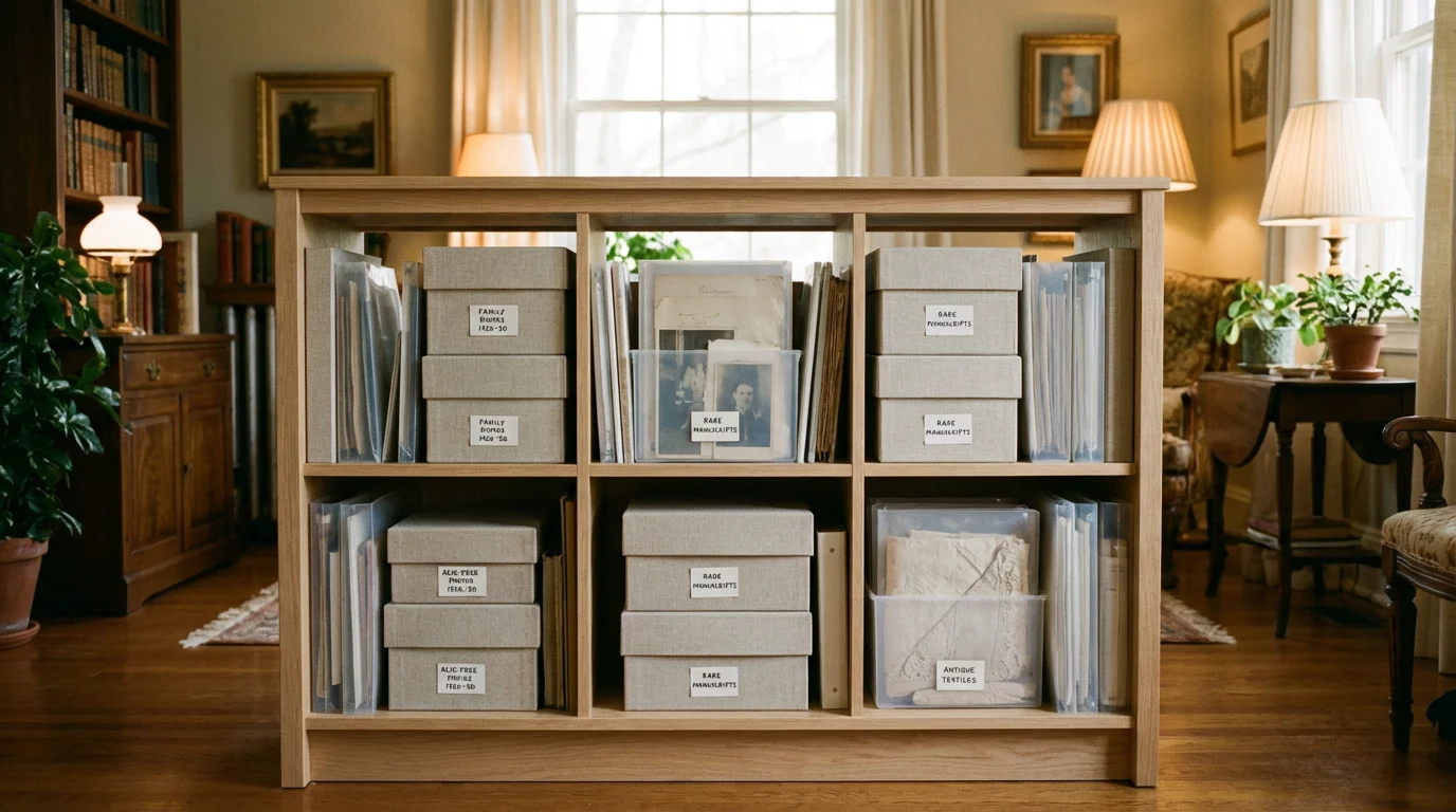 Neatly organized archival photo storage boxes on a wooden shelf.