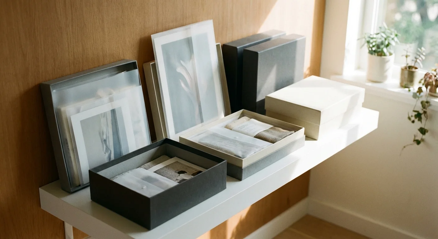 Neatly stacked archival photo boxes and protective sleeves on a shelf.