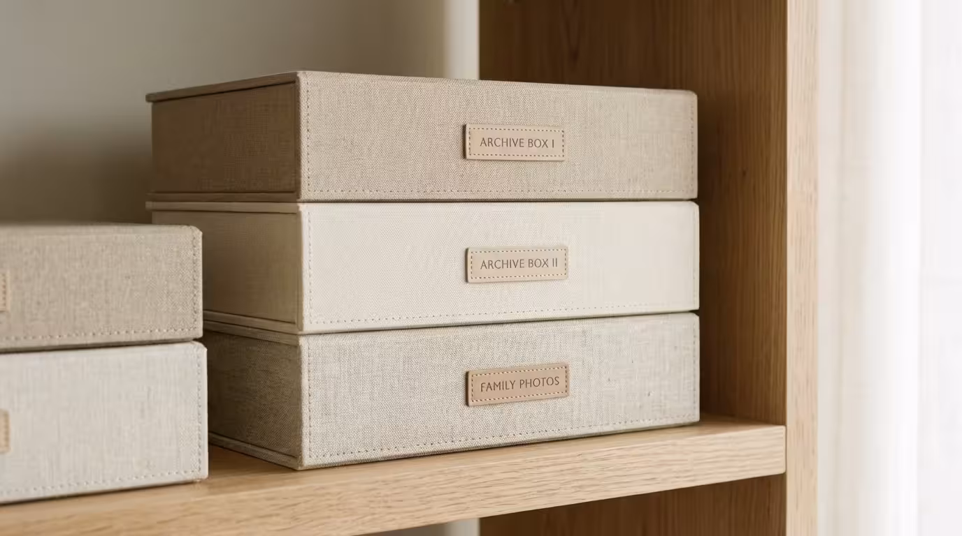 Neatly stacked archival photo storage boxes on a wooden shelf.
