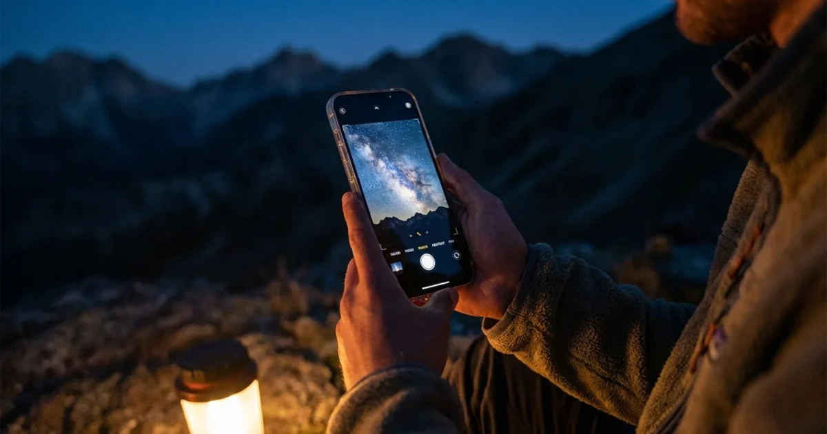 A person holding a smartphone to capture the Milky Way galaxy in a dark mountain sky.
