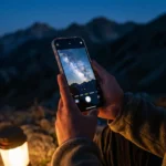A person holding a smartphone to capture the Milky Way galaxy in a dark mountain sky.