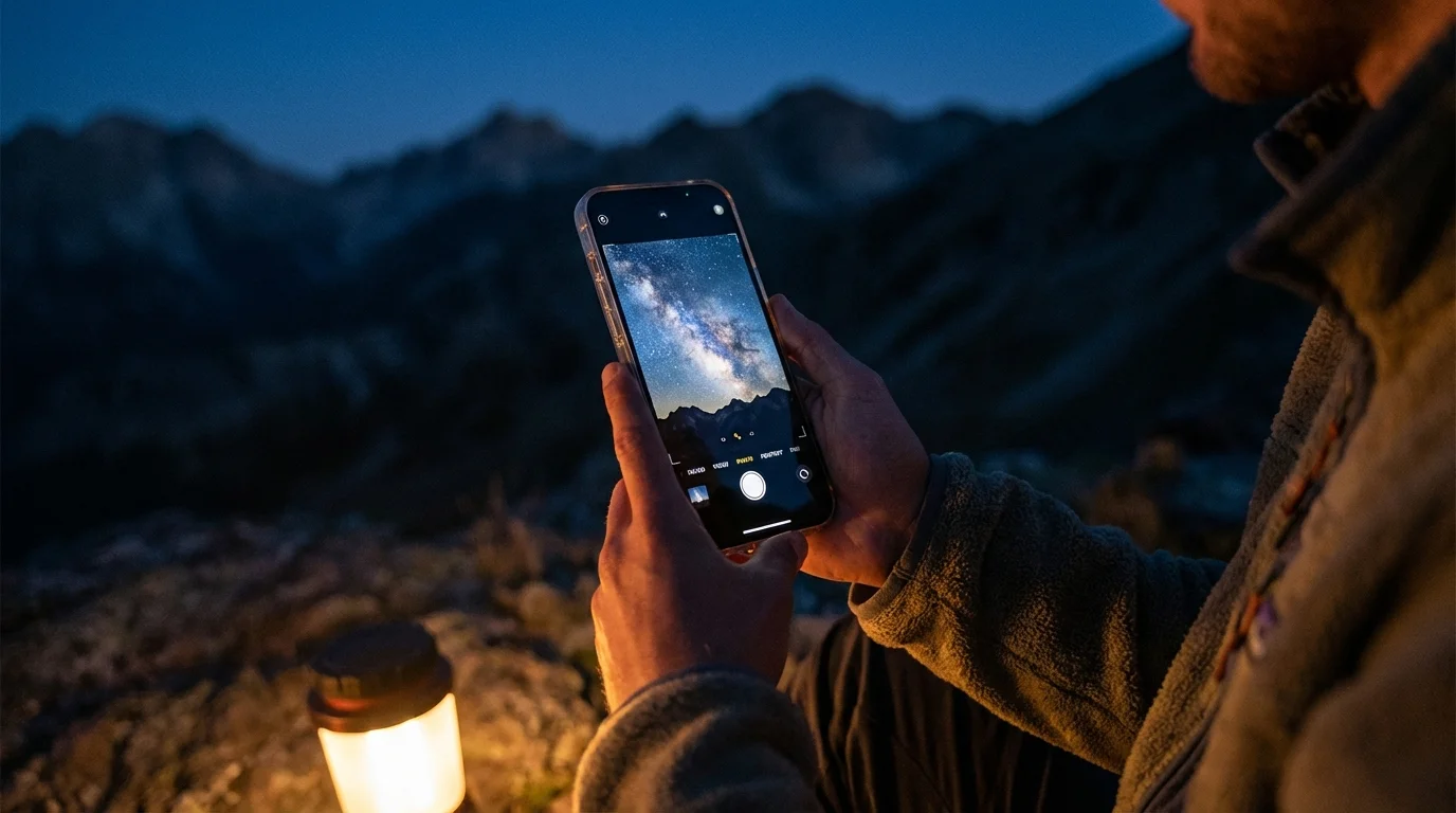 A person holding a smartphone to capture the Milky Way galaxy in a dark mountain sky.