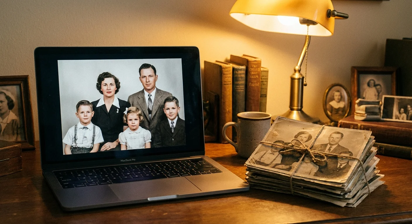 Old family photos next to a laptop showing a digitally restored portrait.