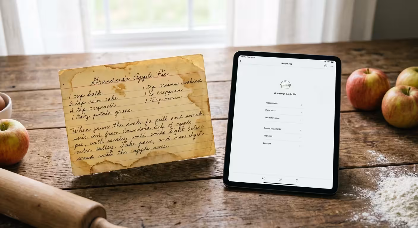 Old handwritten recipe card next to a modern digital tablet on a wooden counter.